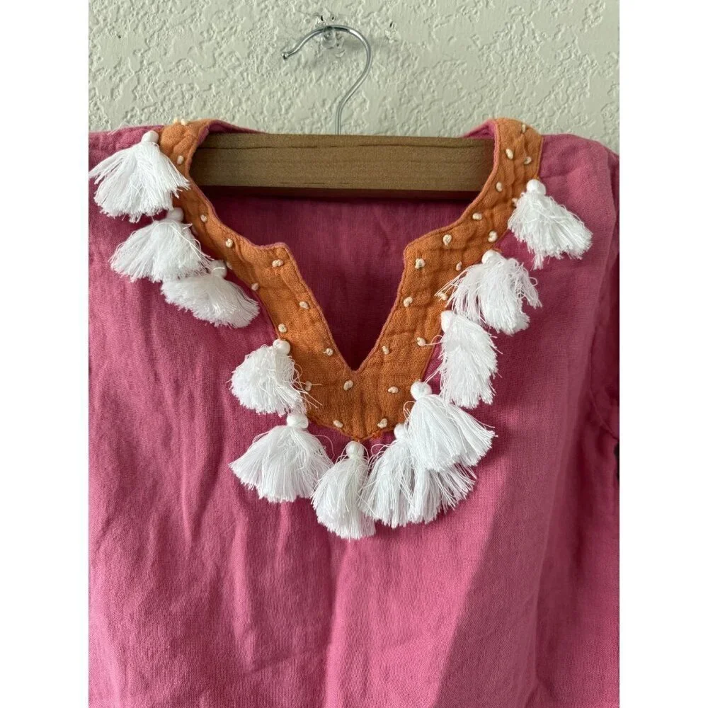 Mer St. Barth Serena Tassel Embroidered Gauze Pink Mini Little Girl Dress Boho 4